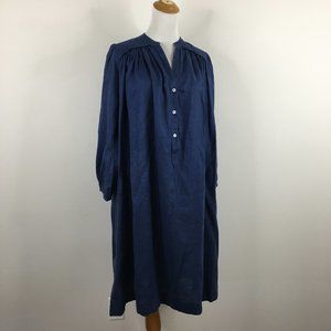 HEIDI MERRICK Loose Fit Blue Slit Hem V Neck Chambray Dress